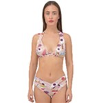 Scandinavian Flat Floral Background Coral Pink White Black Gold Pattern Double Strap Halter Bikini Set