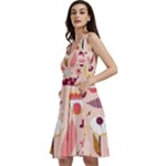 Scandinavian Flat Floral Background Coral Pink White Black Gold Pattern Sleeveless V-Neck Skater Dress with Pockets