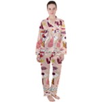 Scandinavian Flat Floral Background Coral Pink White Black Gold Pattern Women s Long Sleeve Satin Pajamas Set	