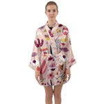 Scandinavian Flat Floral Background Coral Pink White Black Gold Pattern Long Sleeve Satin Kimono