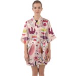 Scandinavian Flat Floral Background Coral Pink White Black Gold Pattern Half Sleeve Satin Kimono 