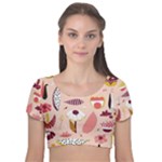 Scandinavian Flat Floral Background Coral Pink White Black Gold Pattern Velvet Short Sleeve Crop Top 