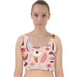 Scandinavian Flat Floral Background Coral Pink White Black Gold Pattern Velvet Racer Back Crop Top