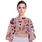 Scandinavian Flat Floral Background Coral Pink White Black Gold Pattern Tie Back Butterfly Sleeve Chiffon Top