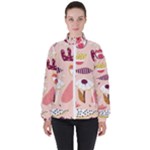 Scandinavian Flat Floral Background Coral Pink White Black Gold Pattern Women s High Neck Windbreaker
