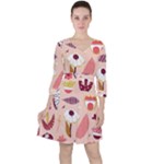 Scandinavian Flat Floral Background Coral Pink White Black Gold Pattern Quarter Sleeve Ruffle Waist Dress