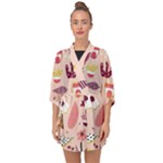 Scandinavian Flat Floral Background Coral Pink White Black Gold Pattern Half Sleeve Chiffon Kimono