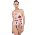 Scandinavian Flat Floral Background Coral Pink White Black Gold Pattern Classic One Shoulder Swimsuit