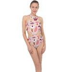 Scandinavian Flat Floral Background Coral Pink White Black Gold Pattern Halter Side Cut Swimsuit