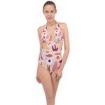 Scandinavian Flat Floral Background Coral Pink White Black Gold Pattern Halter Front Plunge Swimsuit
