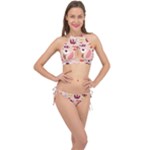 Scandinavian Flat Floral Background Coral Pink White Black Gold Pattern Cross Front Halter Bikini Set