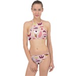 Scandinavian Flat Floral Background Coral Pink White Black Gold Pattern Halter Bikini Set