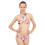 Scandinavian Flat Floral Background Coral Pink White Black Gold Pattern High Neck Bikini Set