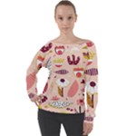 Scandinavian Flat Floral Background Coral Pink White Black Gold Pattern Off Shoulder Long Sleeve Velour Top