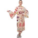 Scandinavian Flat Floral Background Coral Pink White Black Gold Pattern Maxi Velvet Kimono