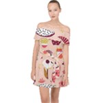 Scandinavian Flat Floral Background Coral Pink White Black Gold Pattern Off Shoulder Chiffon Dress
