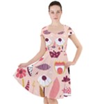Scandinavian Flat Floral Background Coral Pink White Black Gold Pattern Cap Sleeve Midi Dress