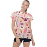 Scandinavian Flat Floral Background Coral Pink White Black Gold Pattern Ruffle Collar Chiffon Blouse