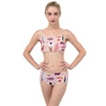 Scandinavian Flat Floral Background Coral Pink White Black Gold Pattern Layered Top Bikini Set