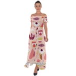 Scandinavian Flat Floral Background Coral Pink White Black Gold Pattern Off Shoulder Open Front Chiffon Dress