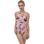 Scandinavian Flat Floral Background Coral Pink White Black Gold Pattern Go with the Flow One Piece Swimsuit