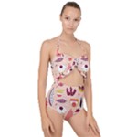 Scandinavian Flat Floral Background Coral Pink White Black Gold Pattern Scallop Top Cut Out Swimsuit