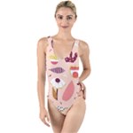 Scandinavian Flat Floral Background Coral Pink White Black Gold Pattern High Leg Strappy Swimsuit