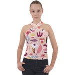 Scandinavian Flat Floral Background Coral Pink White Black Gold Pattern Cross Neck Velour Top