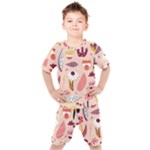 Scandinavian Flat Floral Background Coral Pink White Black Gold Pattern Kids  T-Shirt and Shorts Set