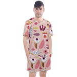 Scandinavian Flat Floral Background Coral Pink White Black Gold Pattern Men s Mesh T-Shirt and Shorts Set