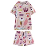 Scandinavian Flat Floral Background Coral Pink White Black Gold Pattern Kids  Swim T-Shirt and Shorts Set