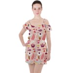 Scandinavian Flat Floral Background Coral Pink White Black Gold Pattern Ruffle Cut Out Chiffon Playsuit