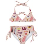 Scandinavian Flat Floral Background Coral Pink White Black Gold Pattern Kids  Classic Bikini Set