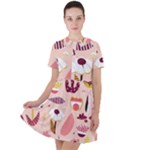 Scandinavian Flat Floral Background Coral Pink White Black Gold Pattern Short Sleeve Shoulder Cut Out Dress 