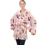 Scandinavian Flat Floral Background Coral Pink White Black Gold Pattern Long Sleeve Velvet Kimono 