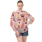 Scandinavian Flat Floral Background Coral Pink White Black Gold Pattern High Neck Long Sleeve Chiffon Top