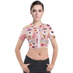 Scandinavian Flat Floral Background Coral Pink White Black Gold Pattern Short Sleeve Cropped Jacket