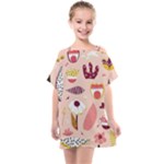 Scandinavian Flat Floral Background Coral Pink White Black Gold Pattern Kids  One Piece Chiffon Dress