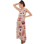 Scandinavian Flat Floral Background Coral Pink White Black Gold Pattern V-Neck Chiffon Maxi Dress