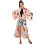 Scandinavian Flat Floral Background Coral Pink White Black Gold Pattern Maxi Kimono