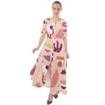 Scandinavian Flat Floral Background Coral Pink White Black Gold Pattern Waist Tie Boho Maxi Dress