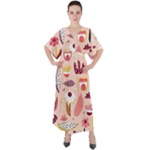 Scandinavian Flat Floral Background Coral Pink White Black Gold Pattern V-Neck Boho Style Maxi Dress