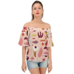 Scandinavian Flat Floral Background Coral Pink White Black Gold Pattern Off Shoulder Short Sleeve Top