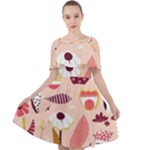 Scandinavian Flat Floral Background Coral Pink White Black Gold Pattern Cut Out Shoulders Chiffon Dress