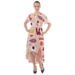 Scandinavian Flat Floral Background Coral Pink White Black Gold Pattern Front Wrap High Low Dress