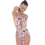 Scandinavian Flat Floral Background Coral Pink White Black Gold Pattern Plunge Cut Halter Swimsuit