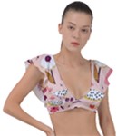 Scandinavian Flat Floral Background Coral Pink White Black Gold Pattern Plunge Frill Sleeve Bikini Top