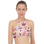Scandinavian Flat Floral Background Coral Pink White Black Gold Pattern Halter Bikini Top