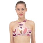 Scandinavian Flat Floral Background Coral Pink White Black Gold Pattern High Neck Bikini Top