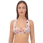 Scandinavian Flat Floral Background Coral Pink White Black Gold Pattern Double Strap Halter Bikini Top